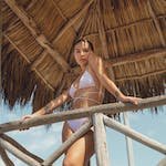 Woman Leaning on Wooden Railing under Palapa Roof